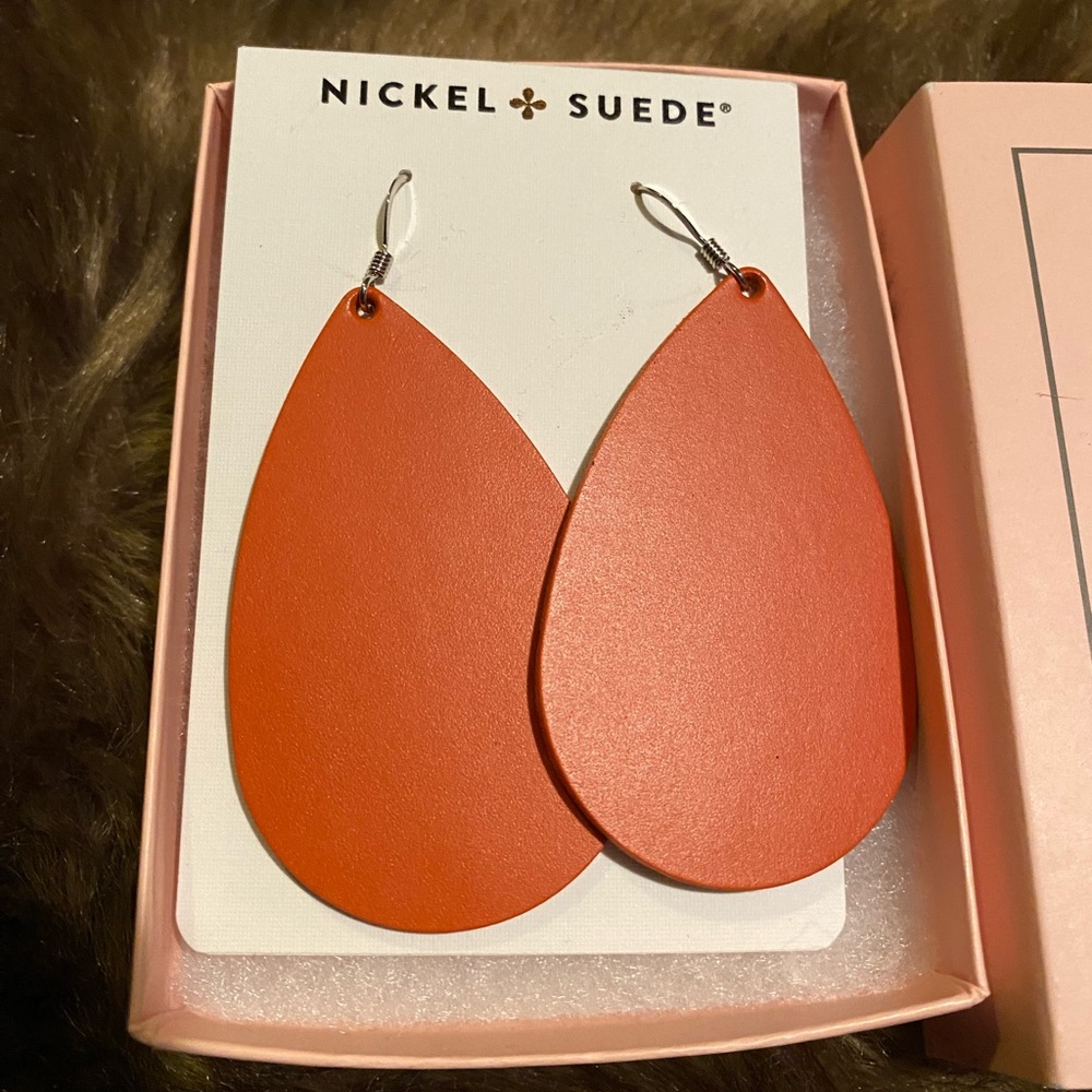 Coral Nickel & Suede teardrop leather earrings